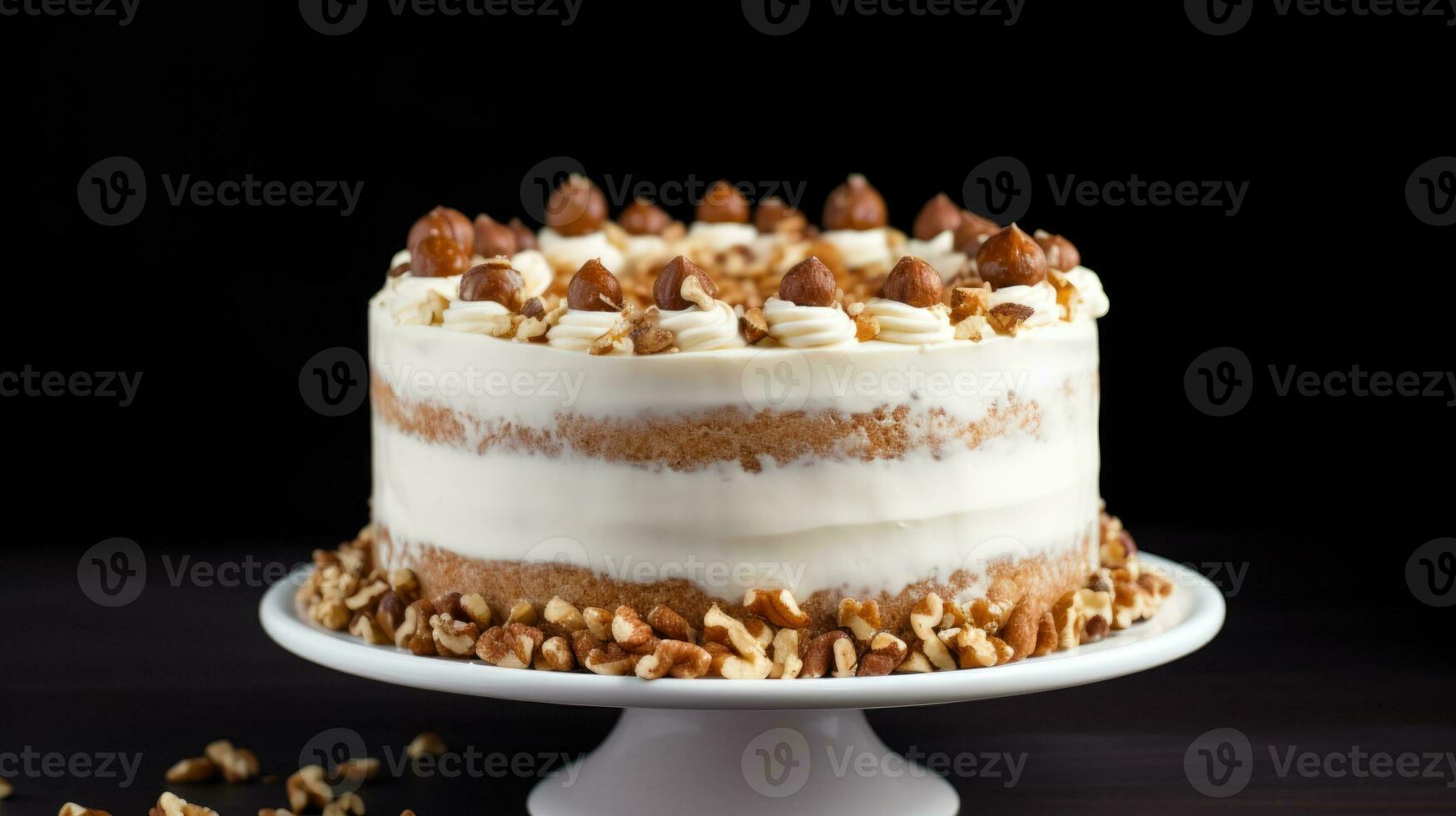 Layered vanilla cake with nuts. AI-Generated photo