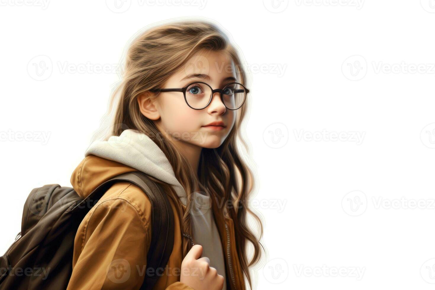 Portrait of a schoolgirl girl with glasses and a backpack. AI-Generated photo