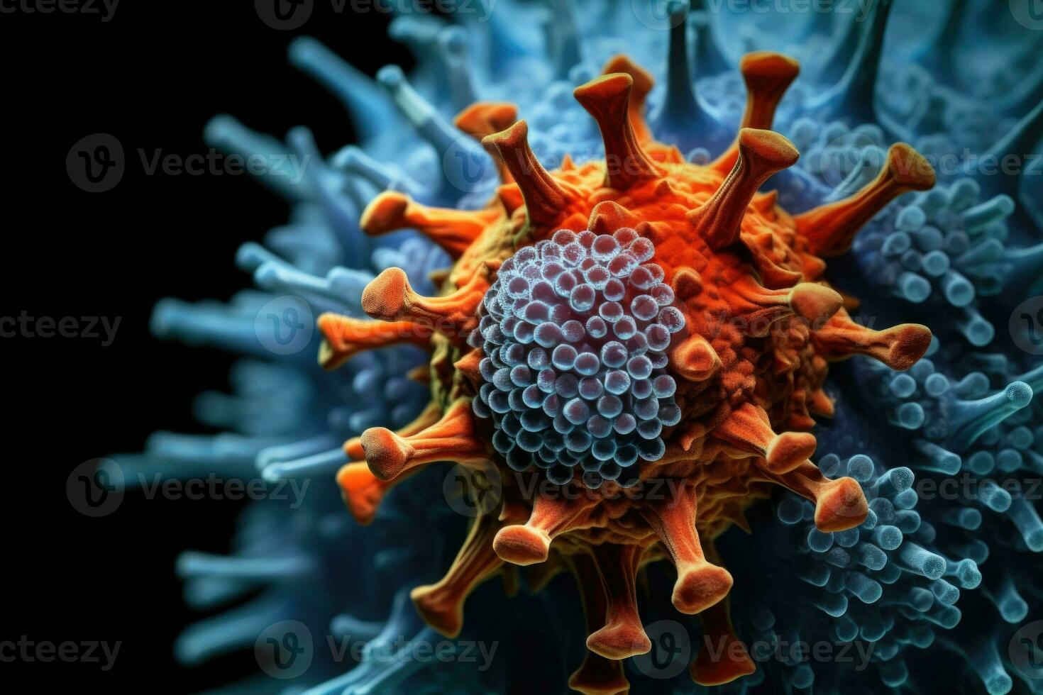 Virus strain under the microscope. AI-Generated photo