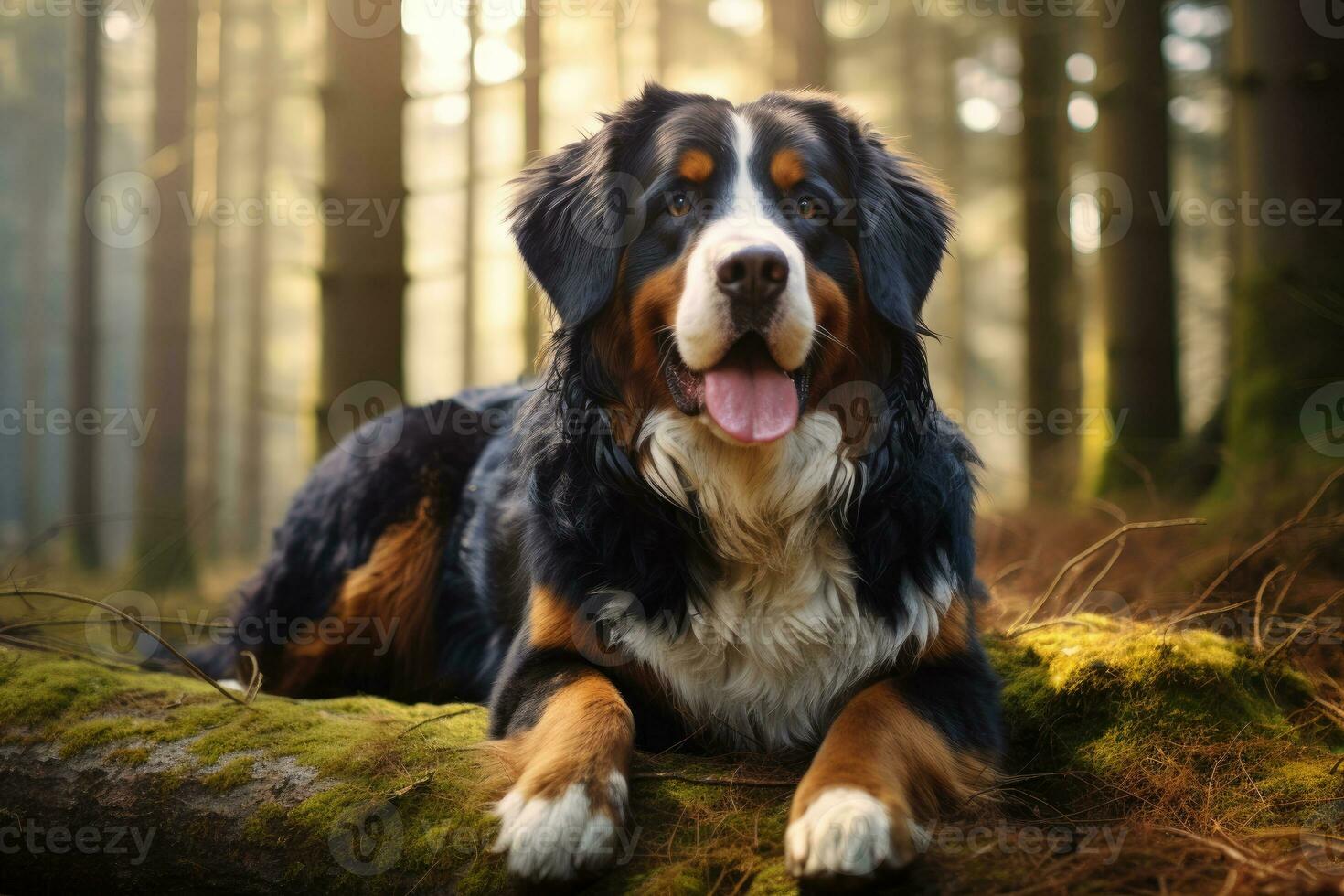 The Bernese Mountain Dog lies in the forest. AI Generated photo