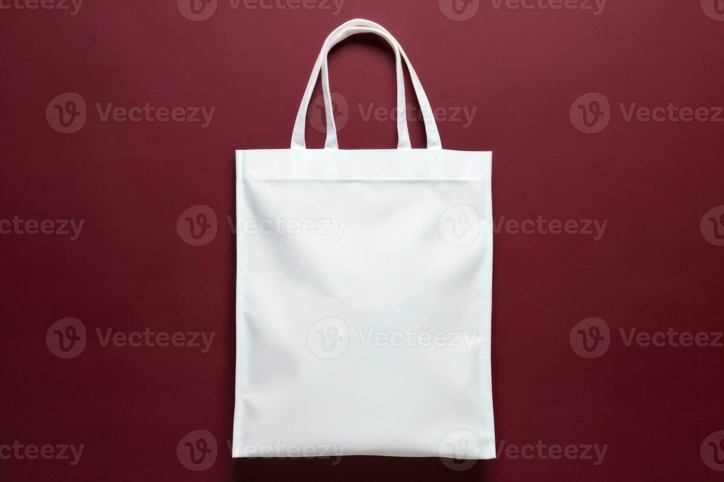 Mock-up of a white fabric grocery bag on a burgundy background. AI-Generated photo
