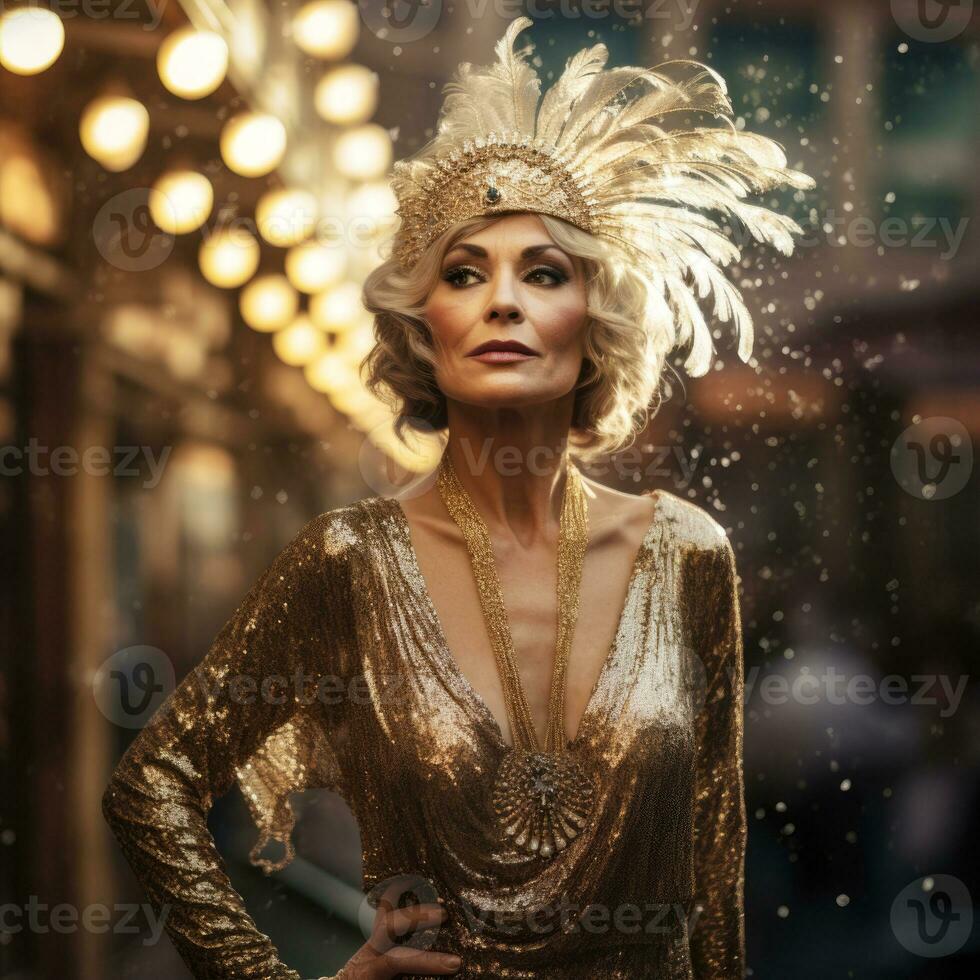 retrato de un Envejecido mujer en un oro brillante vestido. generado por ai foto