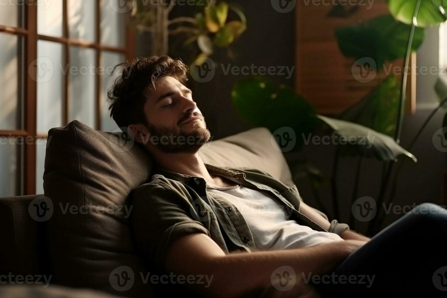 A young man is sitting on the sofa with his eyes closed, resting. AI-Generated photo