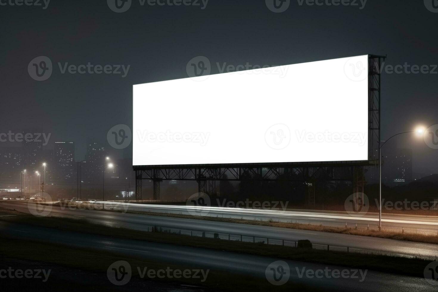 Layout of a white banner in the night city. AI-Generated photo