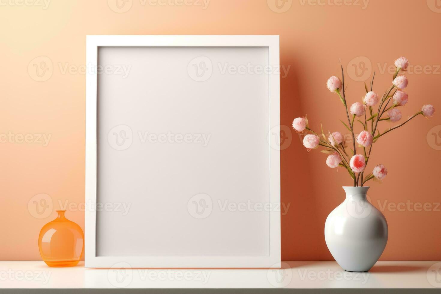 Layout of a white frame on a table with a vase. AI-Generated photo