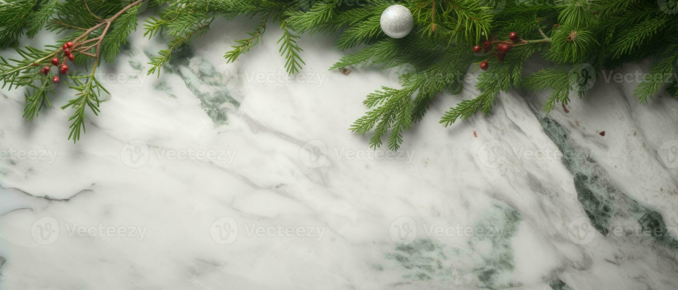 Banner with marble surface and Christmas tree decorations. AI-Generated photo