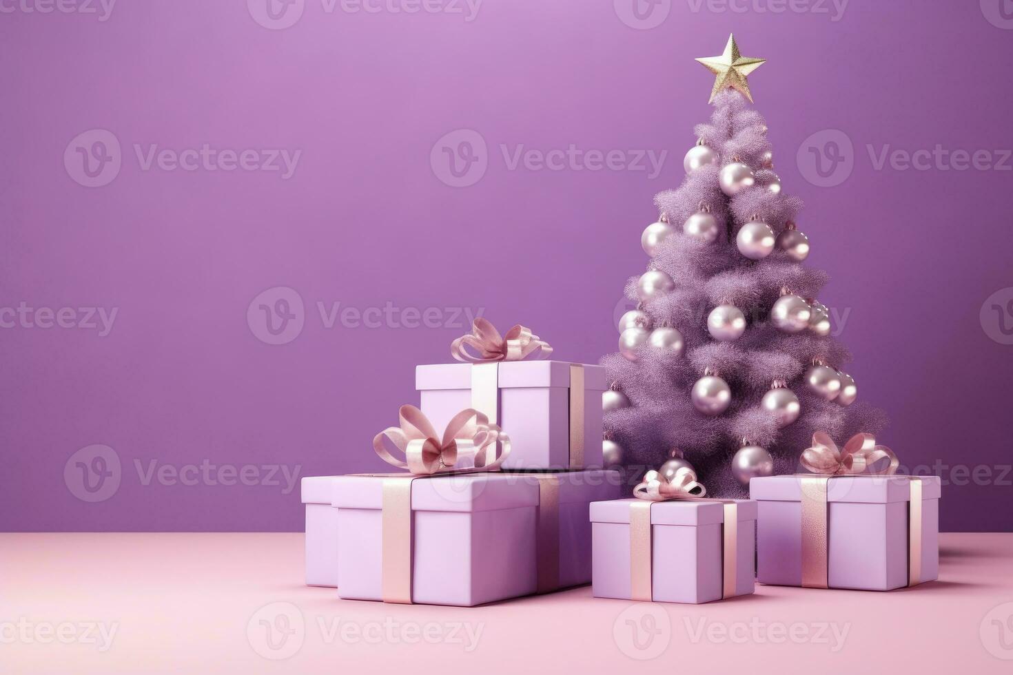 Purple Christmas Gift Boxes with Christmas Tree Toys. AI generated photo