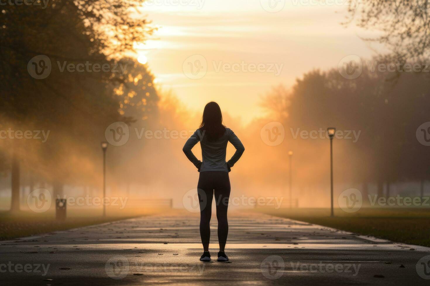 un joven niña en un Deportes chaqueta soportes con su espalda a el cámara, haciendo ejercicios. ai generado foto