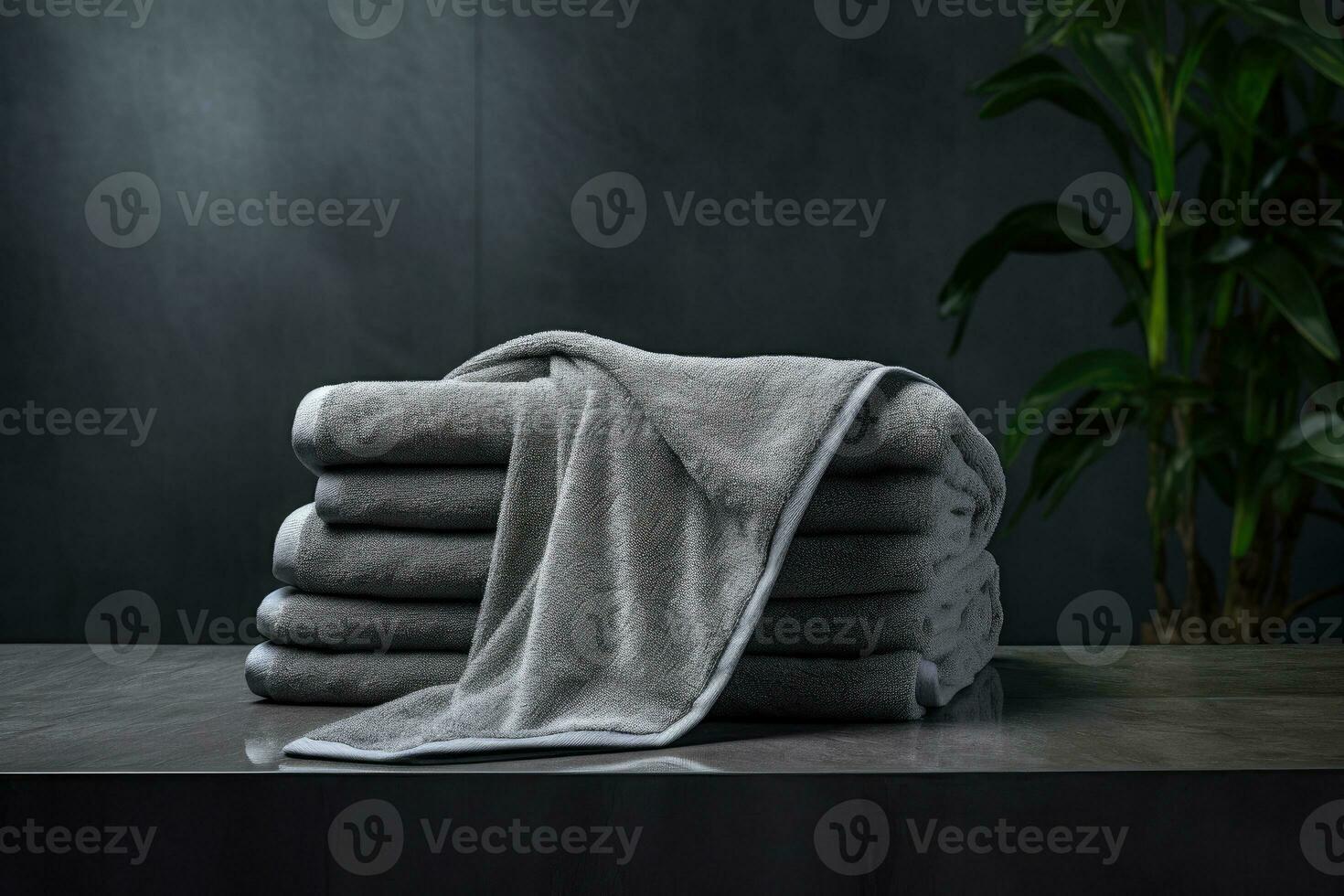 A set of gray towel towers on the shelf. AI Generated photo