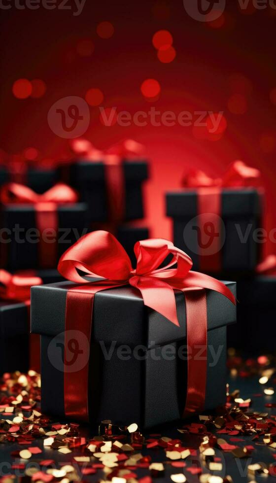 Black Gift Boxes with Red Ribbon, Black Friday. AI generated photo