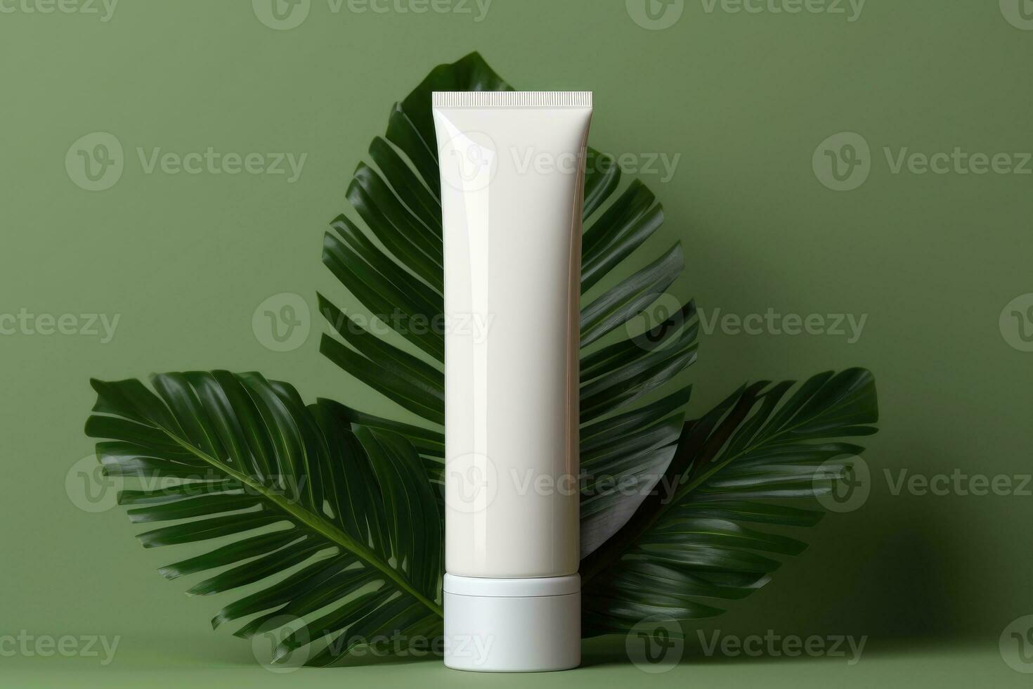 A mock-up white tube for cream on the background of palm leaves. AI generated photo