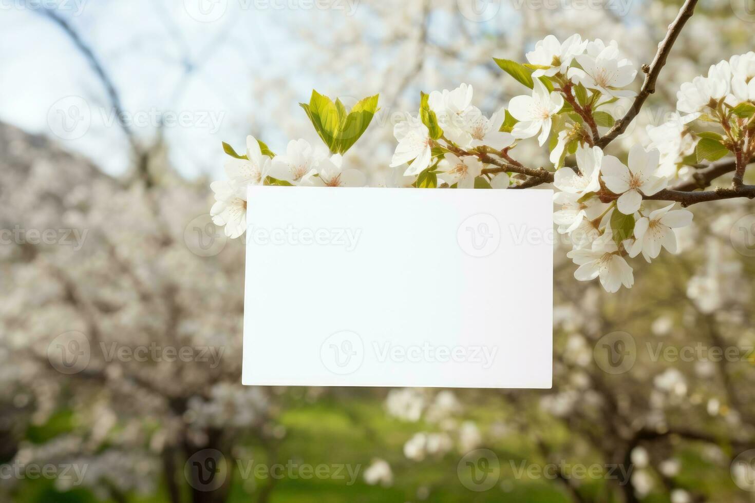 A white card with white spring flowers on a blooming tree. Place for text. AI-Generated photo