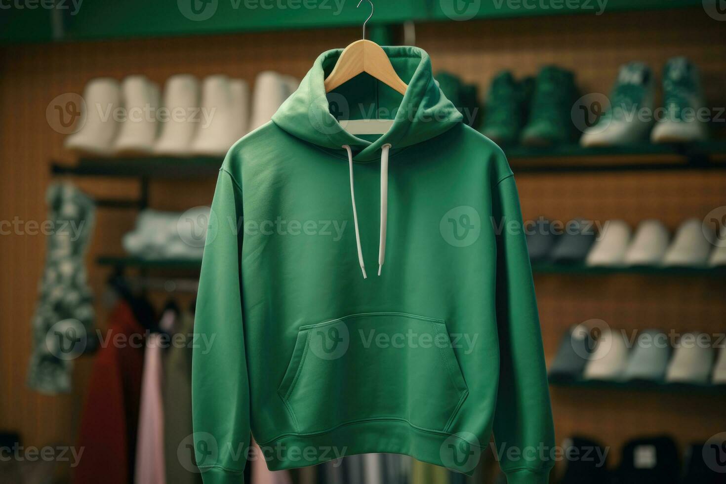 A mock-up of an oversize hoodie with a hood and pocket. AI generated photo