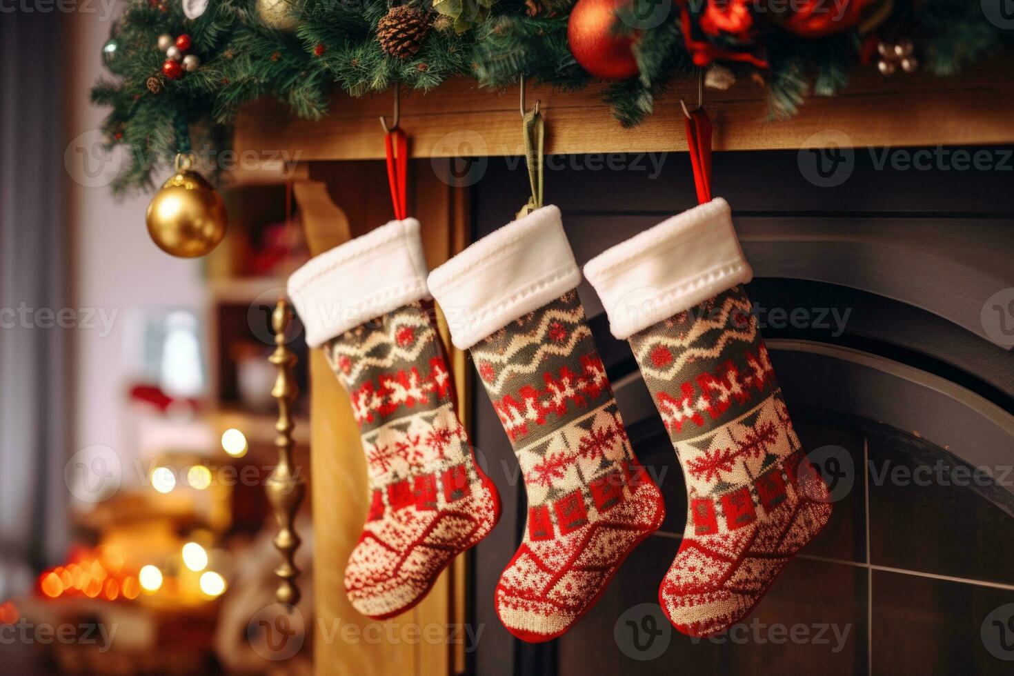 Christmas socks are hanging near the front door. AI generated photo