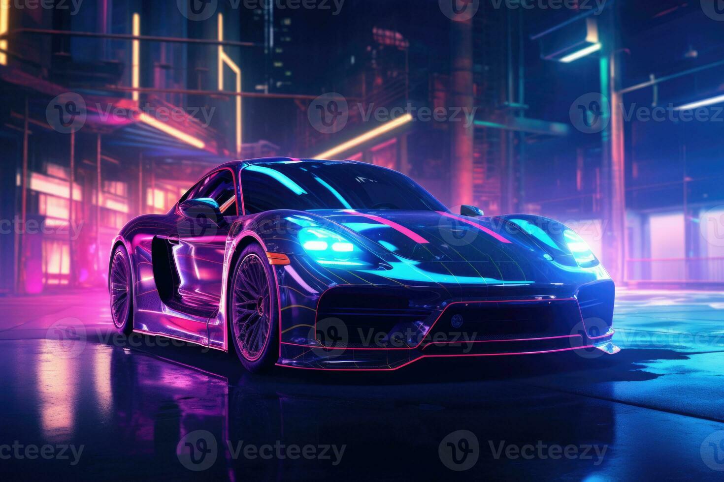 Modern sports car with neon lights. AI-Generated photo