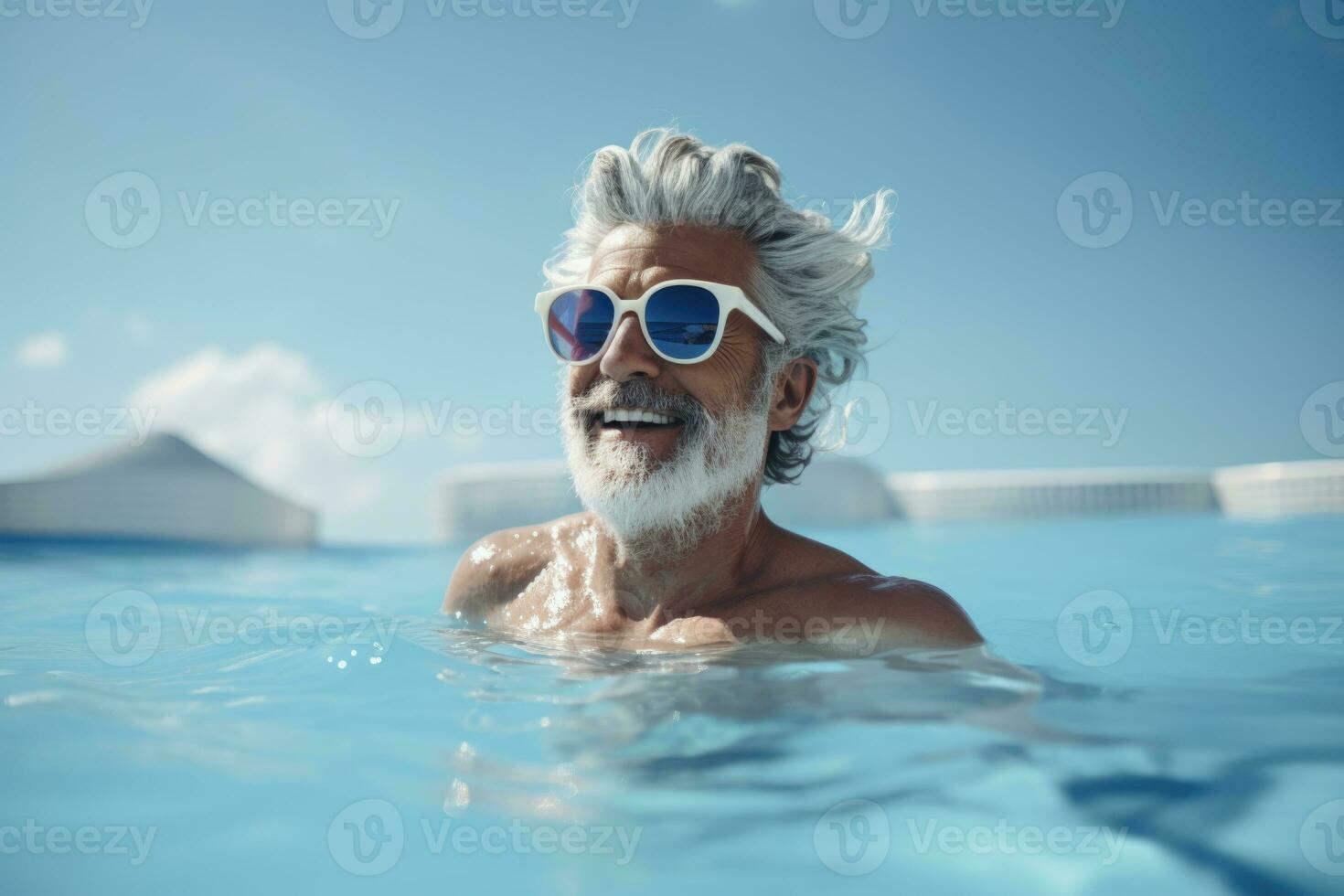 An aged man in sunglasses swims in the pool. AI-Generated photo