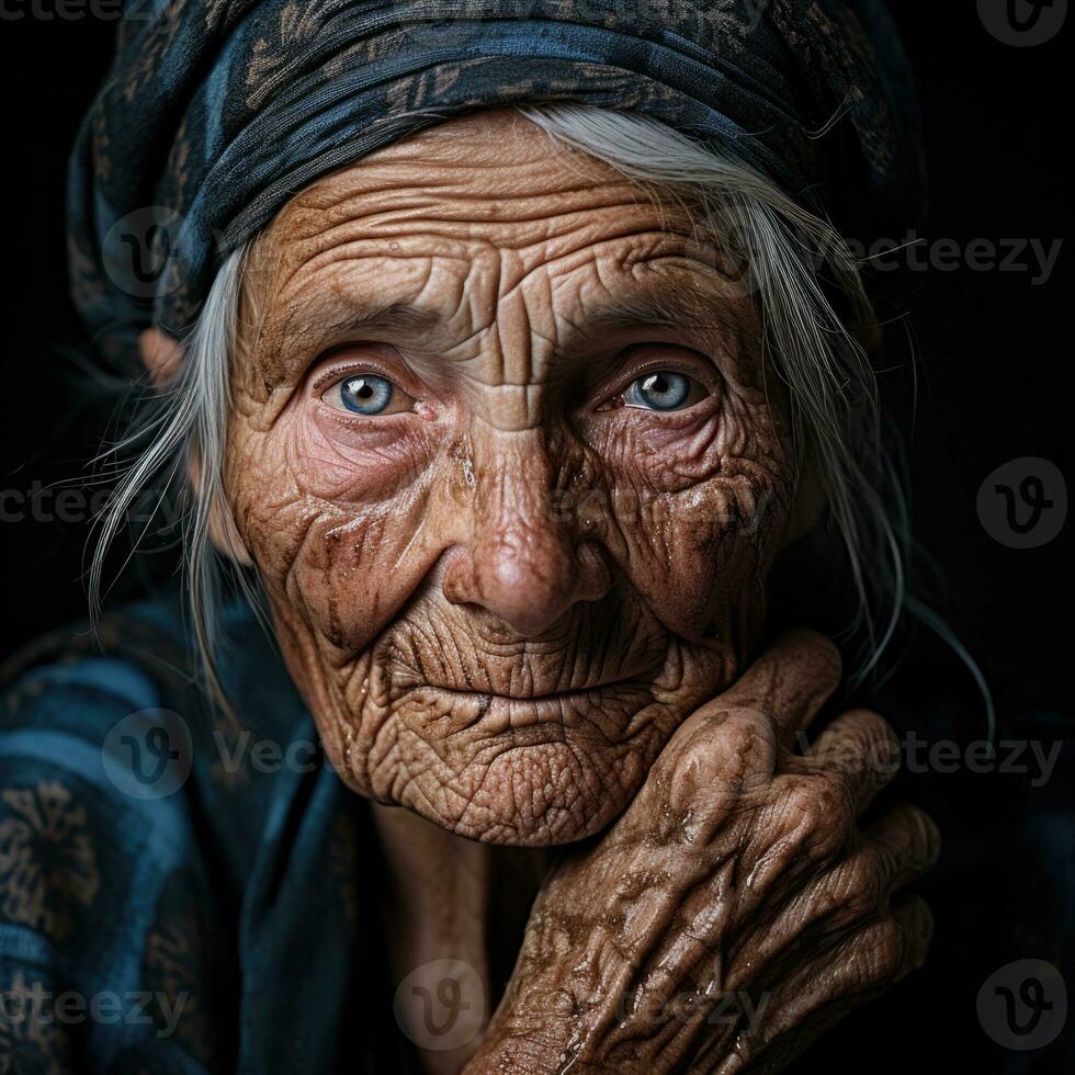 An old woman with deep wrinkles. AI-Generated photo