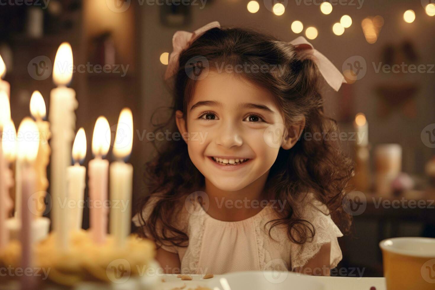 Happy girl blows out candles on a birthday cake. AI-Generated photo