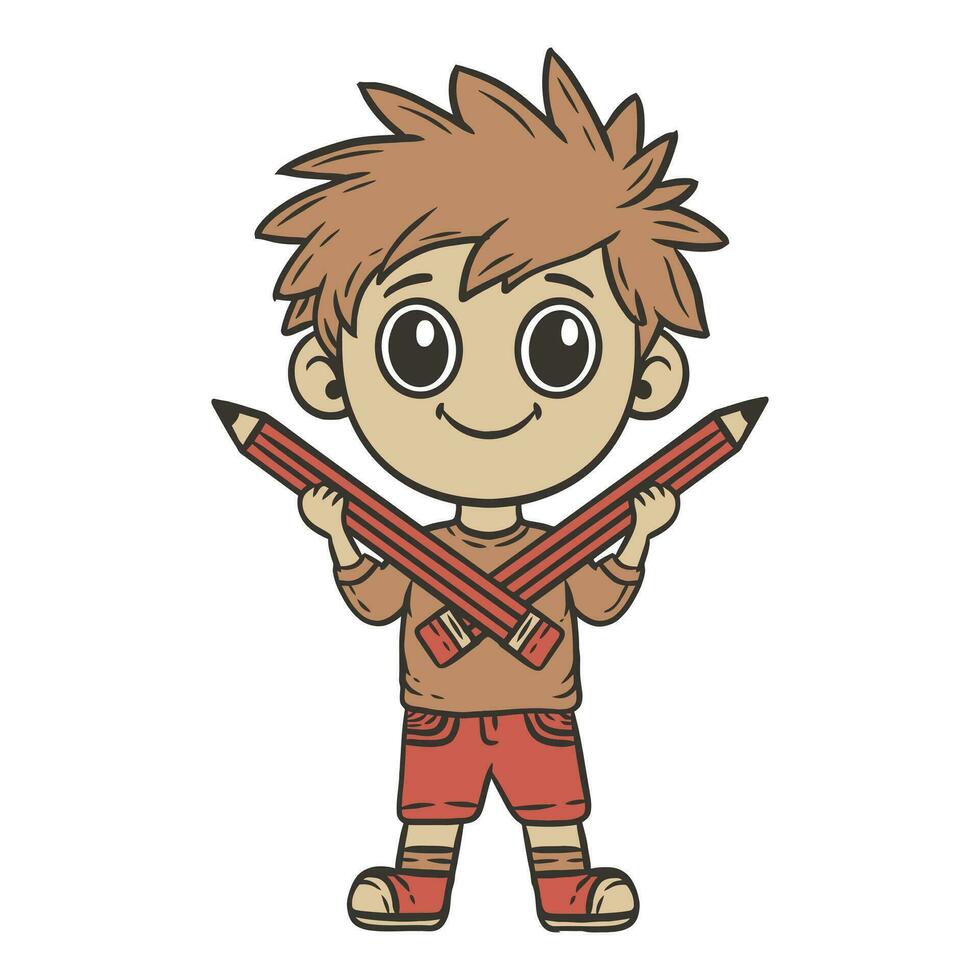 Kid Holding Pencil Doodle Vector Illustration