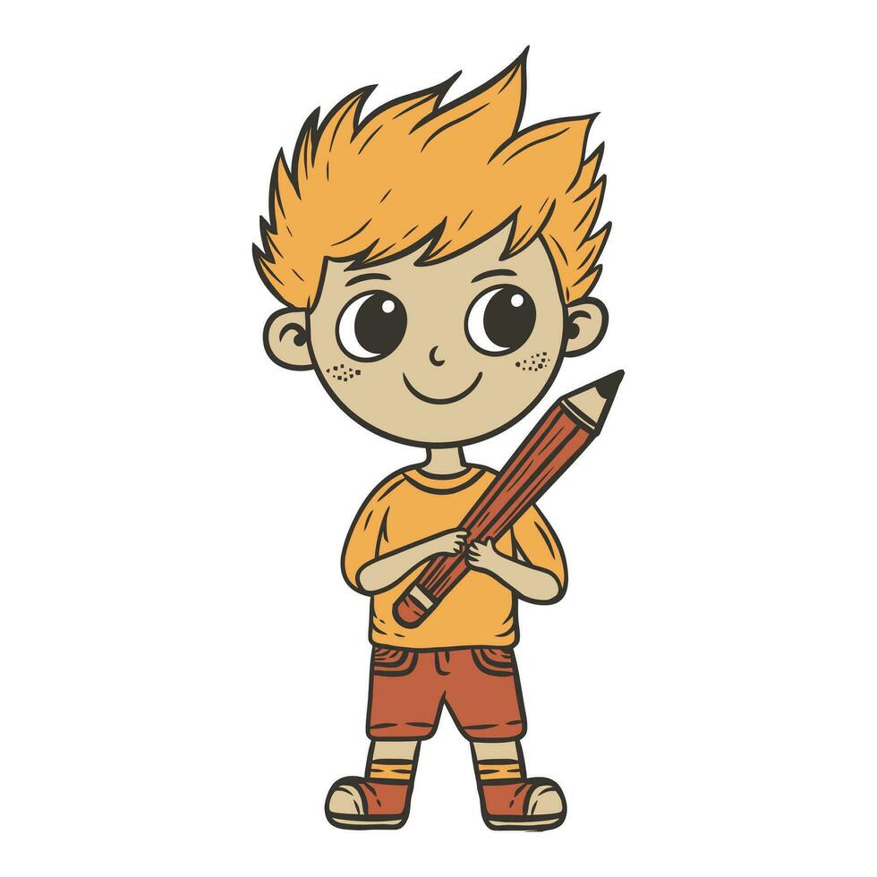 Kid Holding Pencil Doodle Vector Illustration