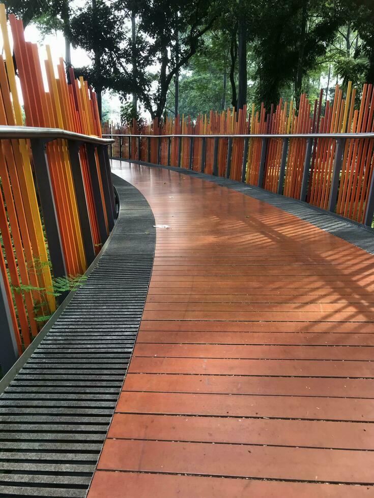 Jakarta, Indonesia, 2023 - Portrait of a red arched bridge for a walkway between parks in Tebet Eco Park, Jakarta. photo