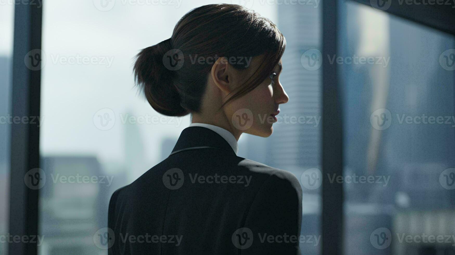 A businesswoman contemplating through a window in her professional attire AI Generated photo