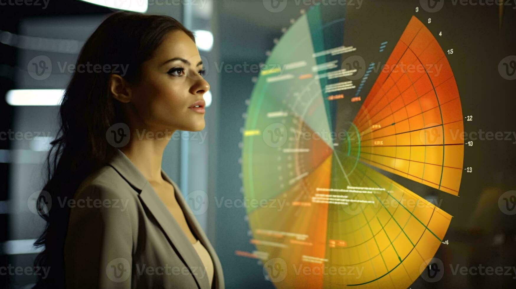 A woman posing in front of a vibrant and colorful spinning wheel AI Generated photo