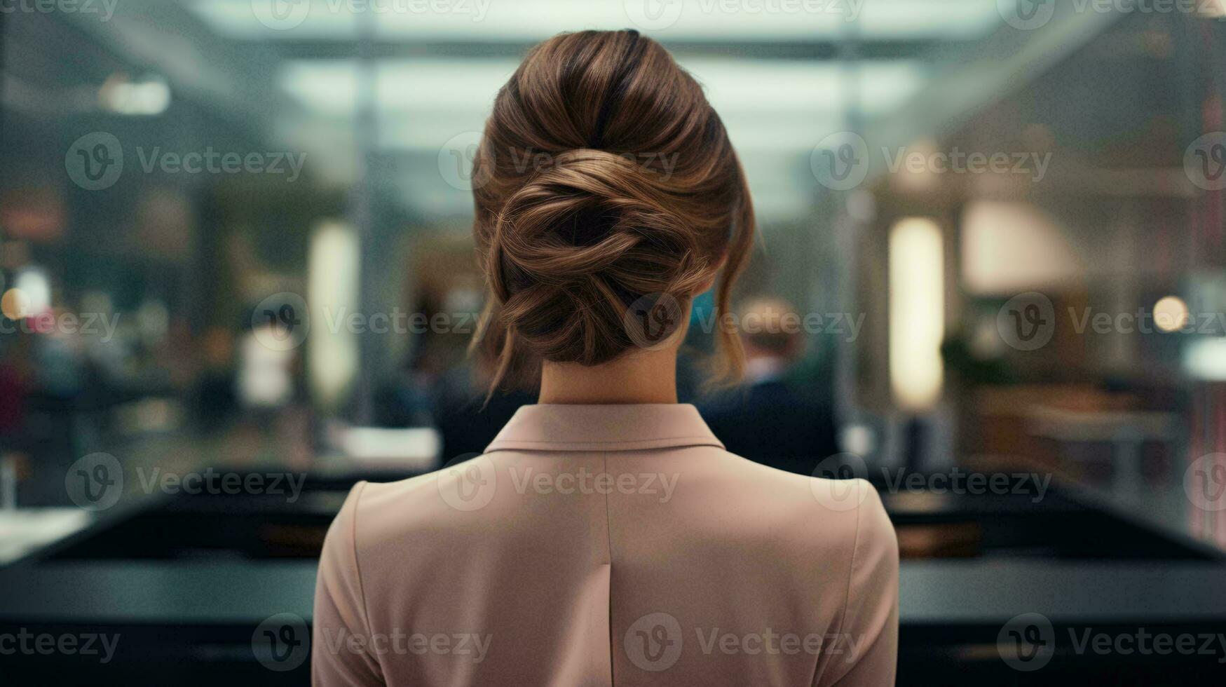 A woman standing in front of a glass wall AI Generated photo