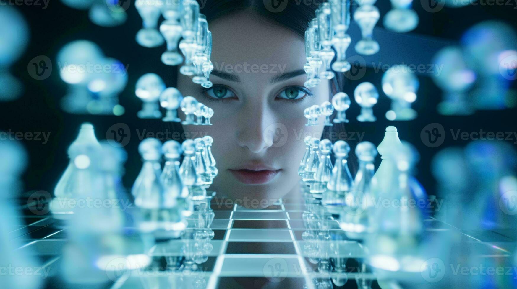 un mujer estudiando un ajedrez tablero con intenso atención ai generado foto