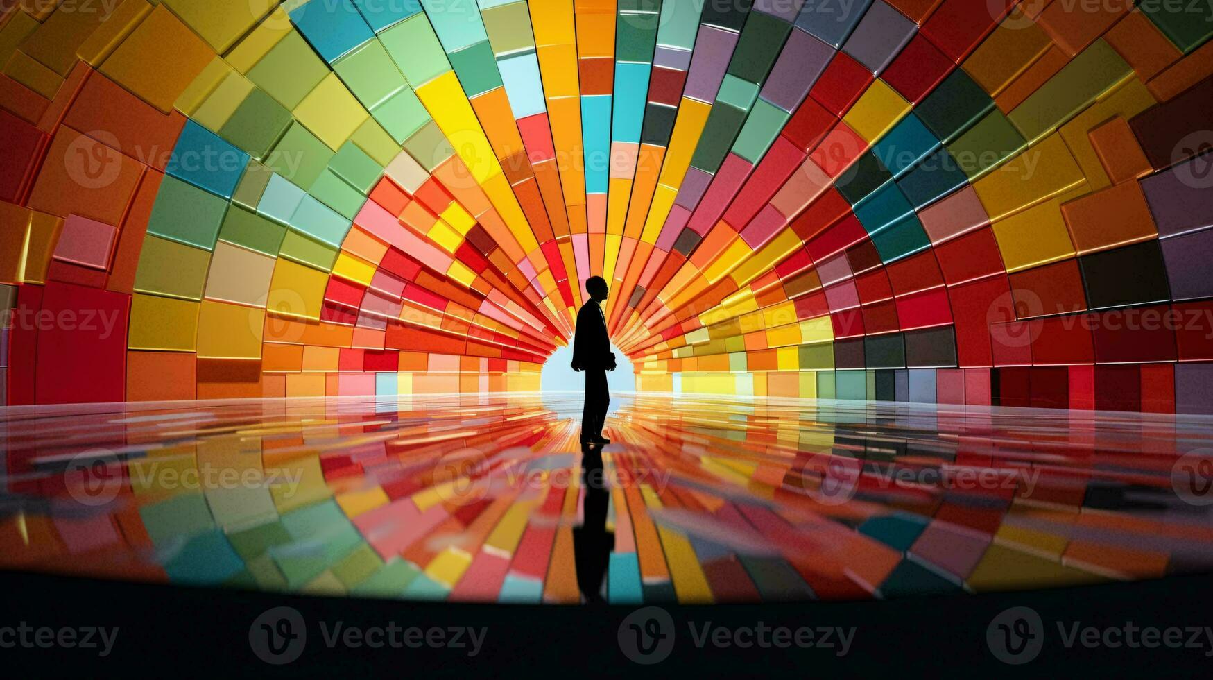 A person standing in front of a vibrant and colorful wall AI Generated photo