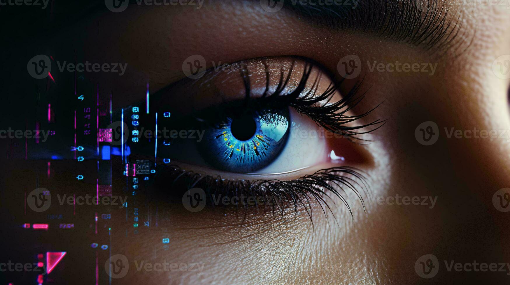 A woman's blue eye with futuristic lines in the background AI Generated photo