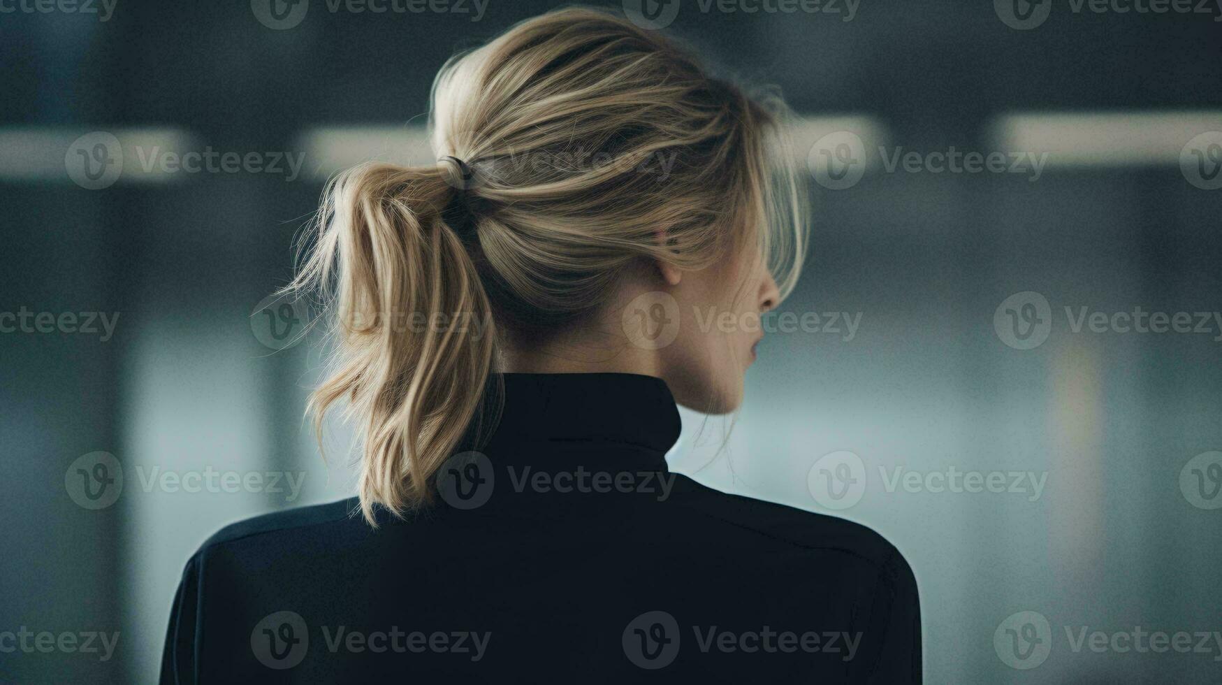 A woman with a ponytail wearing a black top AI Generated photo