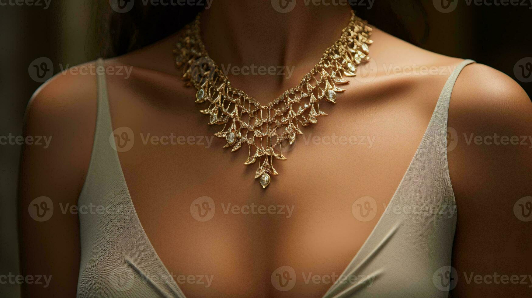 un mujer con un maravilloso oro collar acentuando su belleza ai generado foto