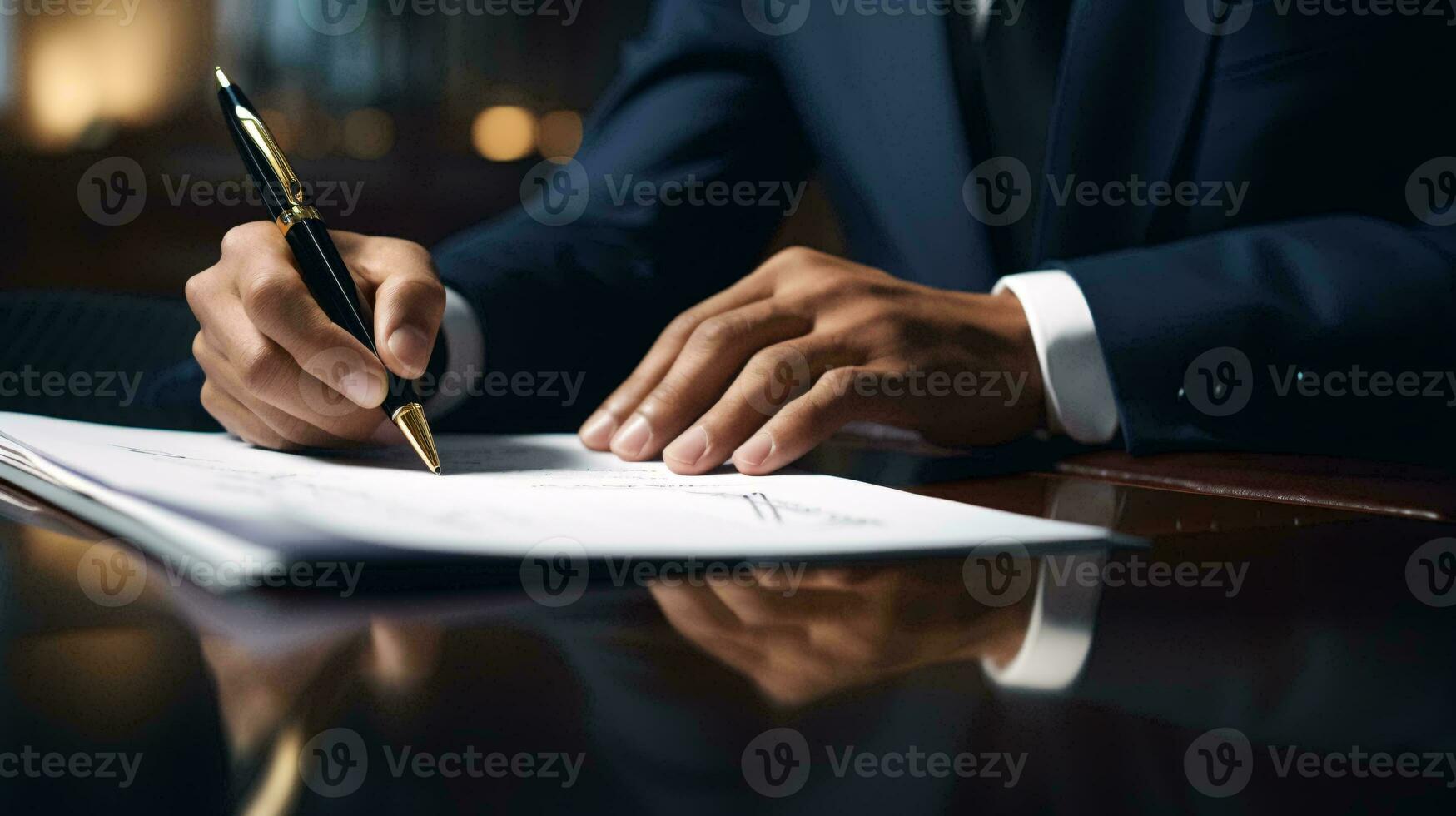 A businessman writing on a document AI Generated photo