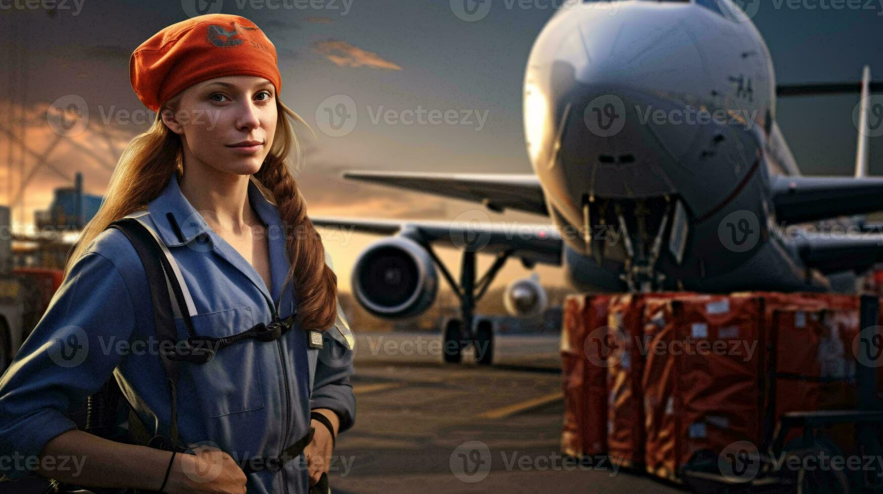 A woman posing in front of an airplane AI Generated photo