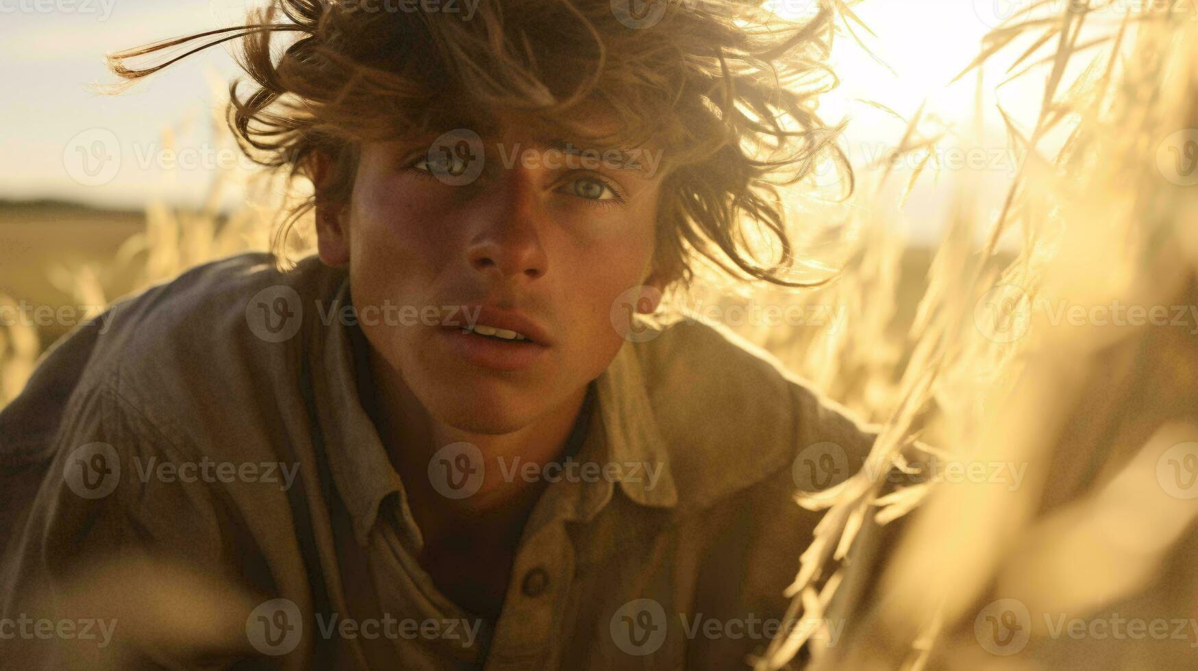 A young man standing in a golden wheat field, gazing confidently at the camera AI Generated photo