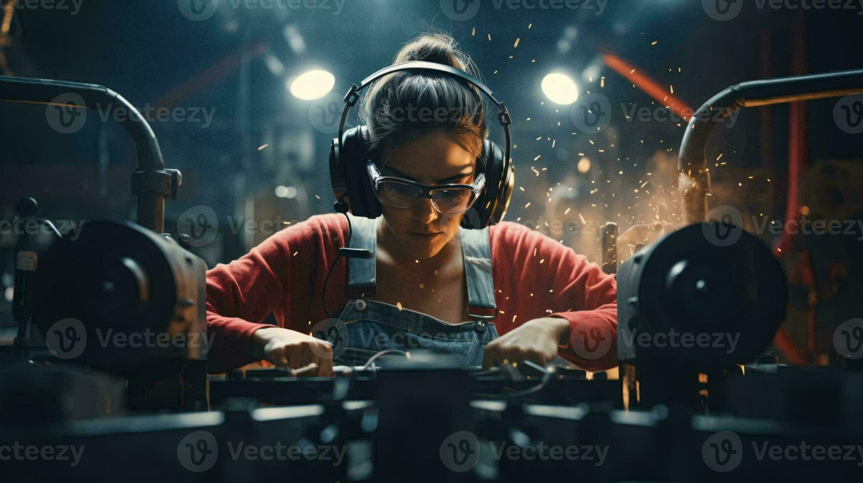 un mujer vistiendo auriculares y trabajando en un máquina ai generado foto