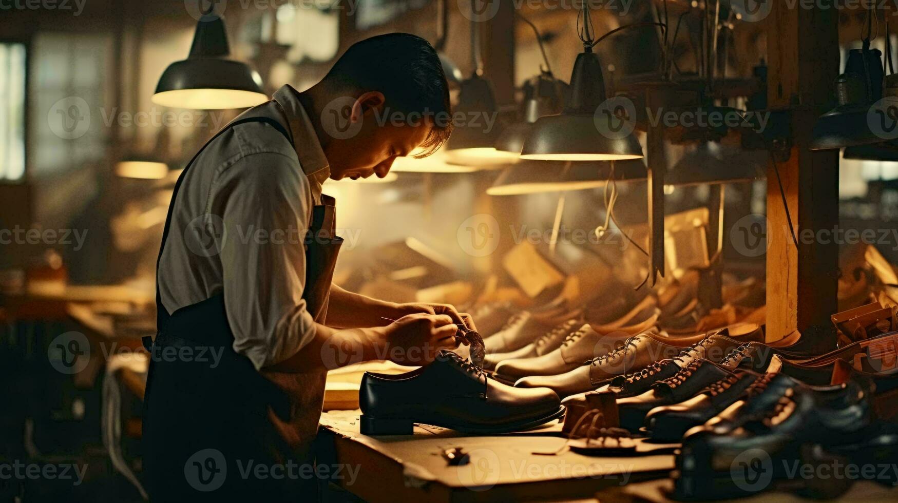 A shoemaker crafting a pair of shoes in a traditional shoe shop AI Generated photo