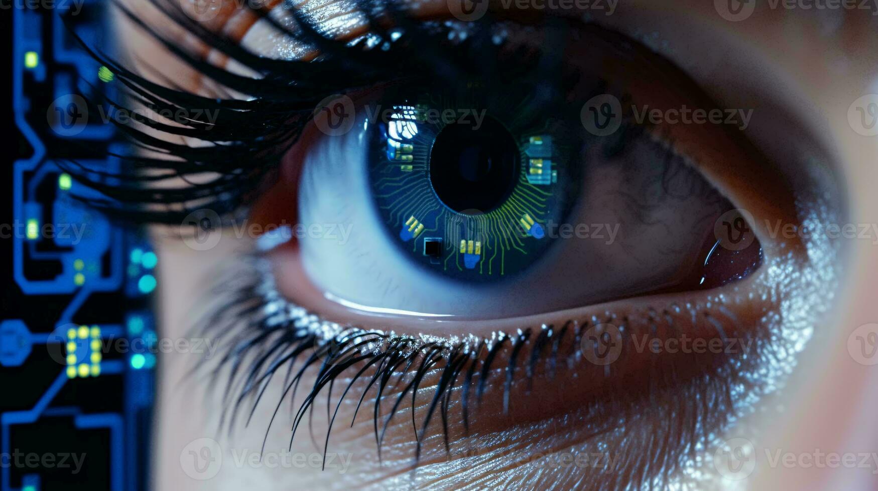A person's eye with a futuristic circuit board backdrop AI Generated photo