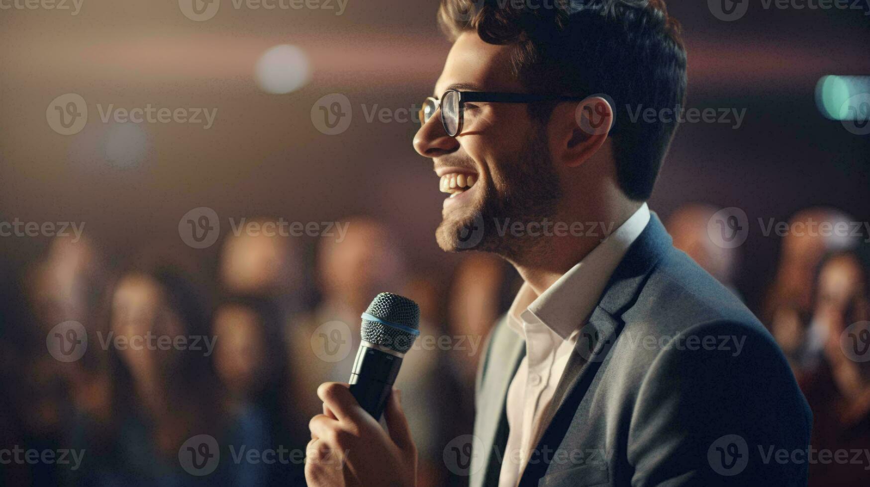 A man speaking to a large audience with confidence and authority AI Generated photo