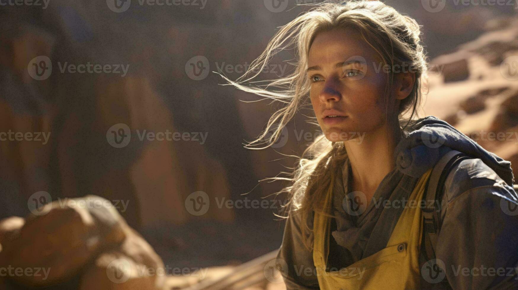 A woman standing in a desert landscape surrounded by rocks AI Generated photo