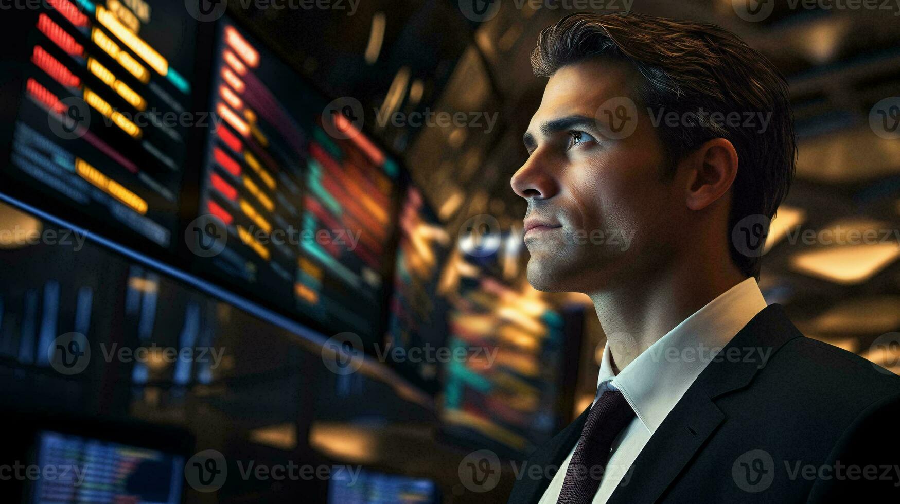A businessman in front of a wall of monitors AI Generated photo