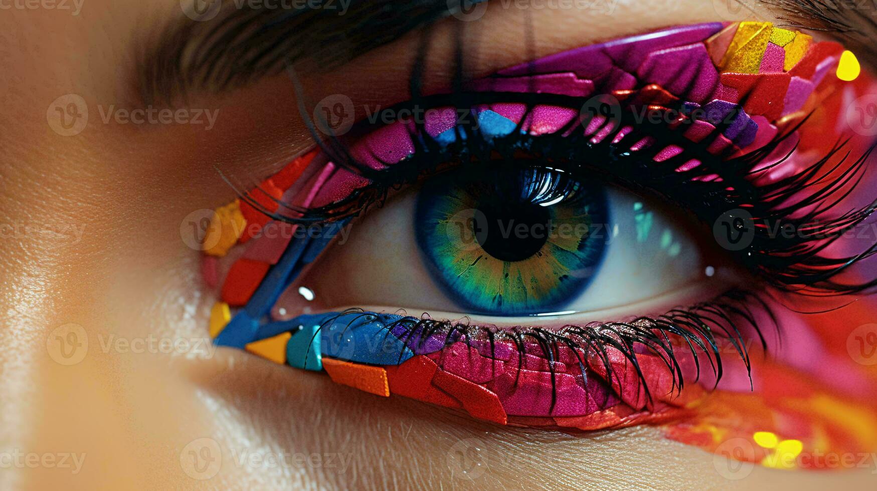 A mesmerizing close-up of a woman's eye adorned with vibrant and artistic makeup AI Generated photo