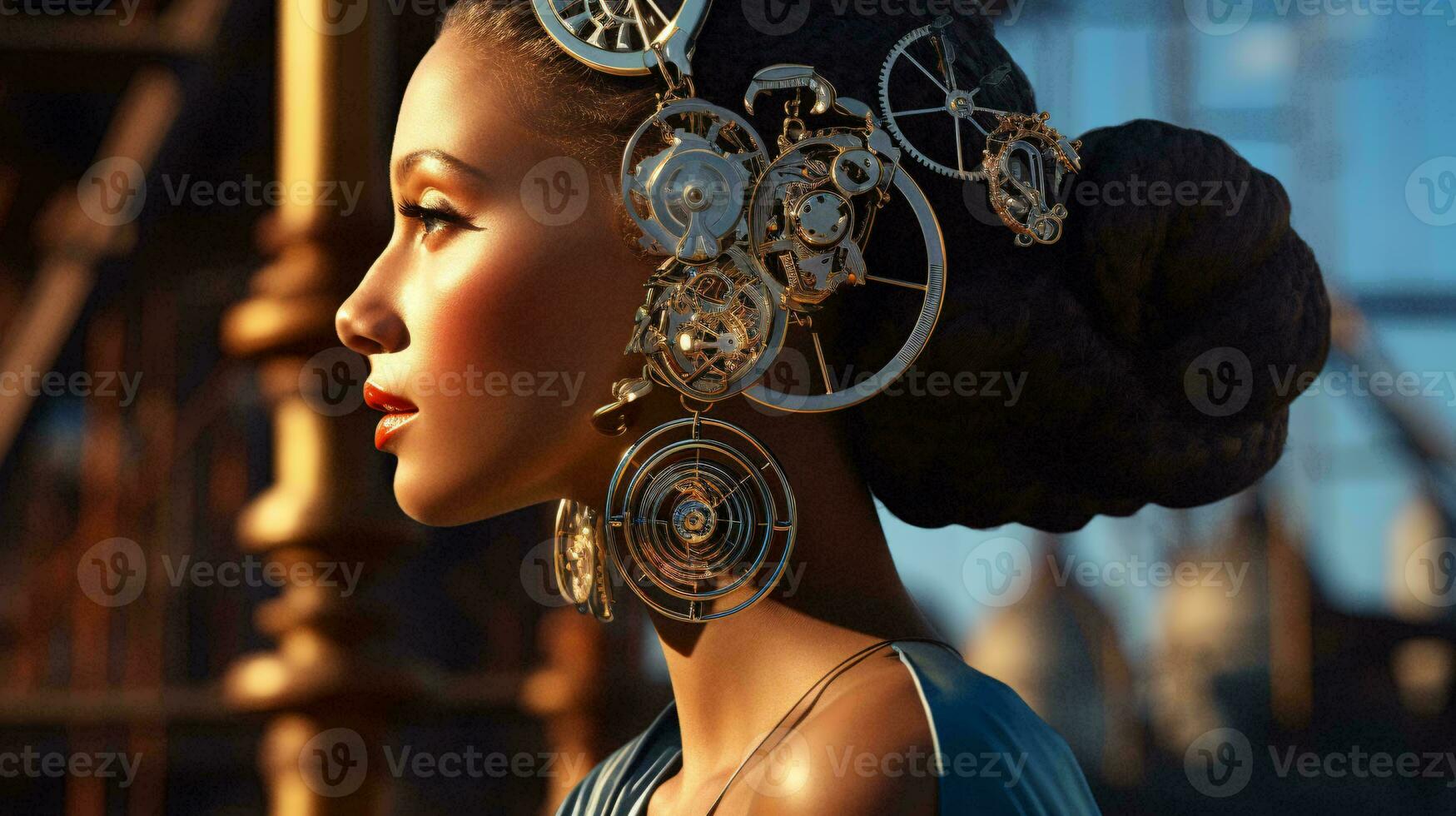 A woman wearing statement earrings as a headpiece AI Generated photo