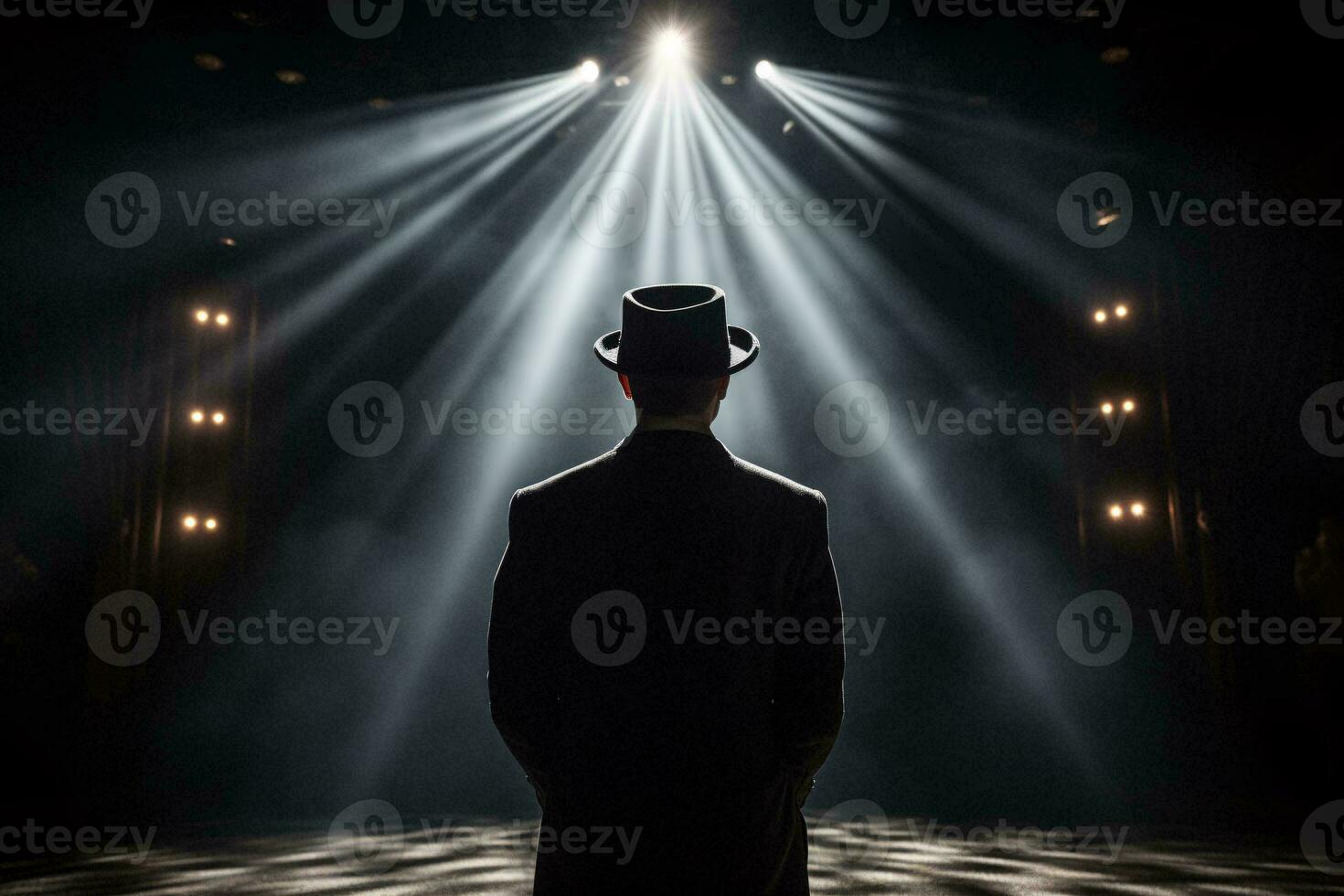 A man standing in front of a brightly lit stage AI Generated photo