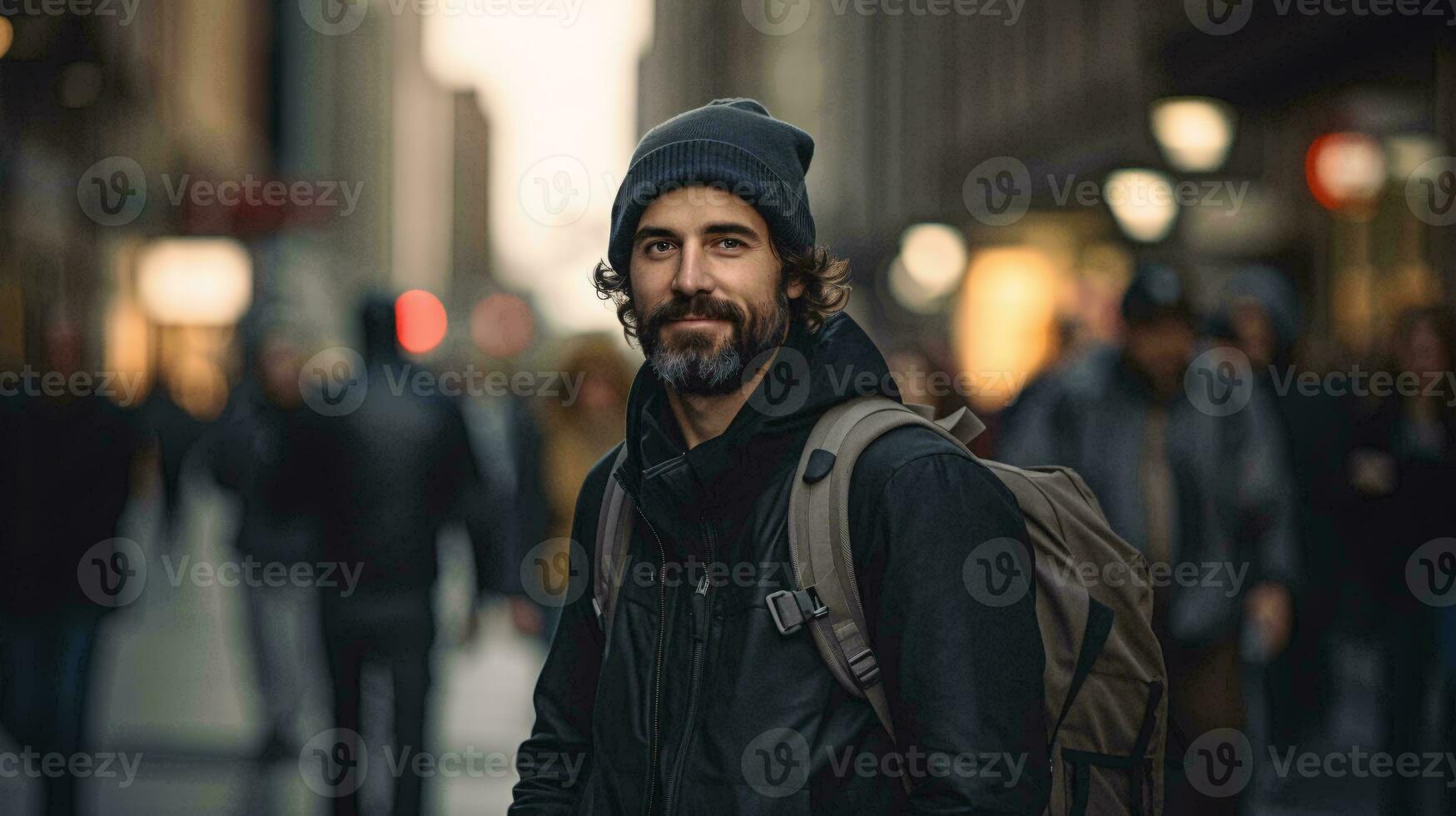 A bearded man wearing a beanie walking down a street AI Generated photo