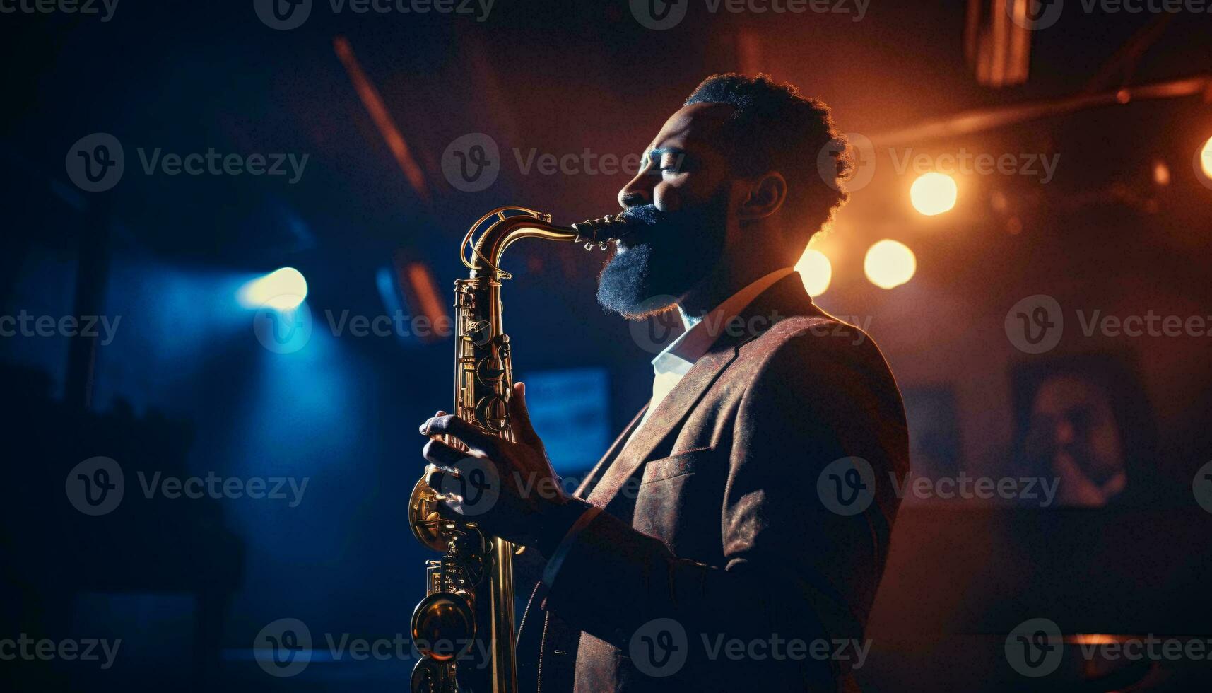 A bearded man playing the saxophone AI Generated photo