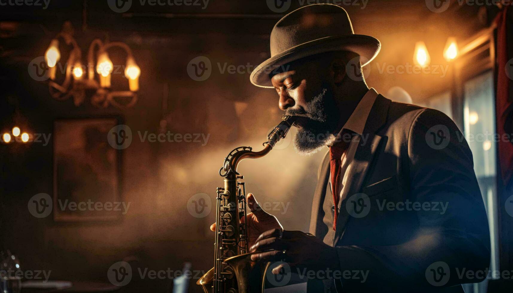 A musician passionately playing the saxophone in a moody atmosphere AI Generated photo