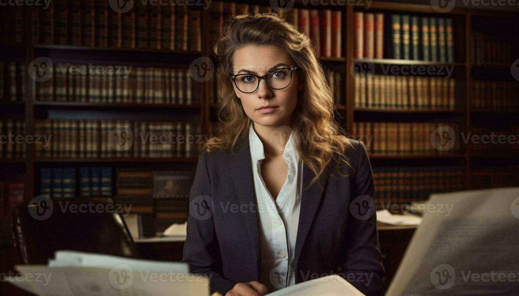 un profesional mujer absorto en leyendo un libro ai generado foto