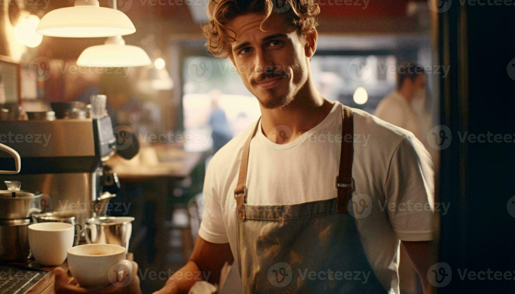 A man enjoying a cup of coffee while wearing an apron AI Generated photo